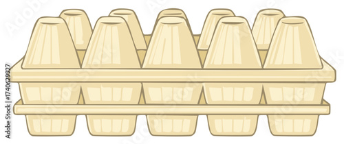 Empty beige egg carton with twelve individual compartments