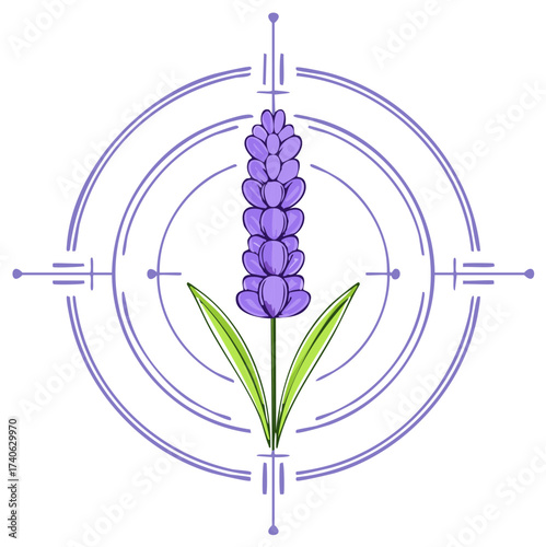 Stylized lavender flower illustration at the center of a circular geometric symbol