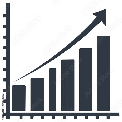 Rising bar chart with arrow signifying growth and progress in financial analysis visual graphic on plain backdrop