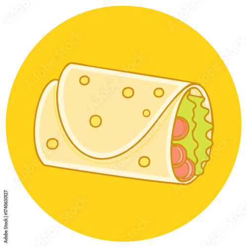 Flat design vector illustration of a tasty burrito filled with fresh ingredients on a bright yellow background
