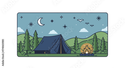 Camp site. Nature camping landscape with tent and campfire, summer forest camp flat vector illustration. Cartoon camping view