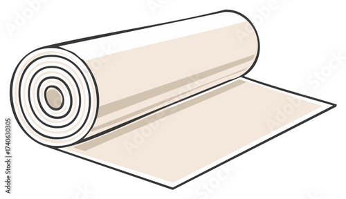 Unrolled beige fabric textile roll showing layers and texture in illustration style