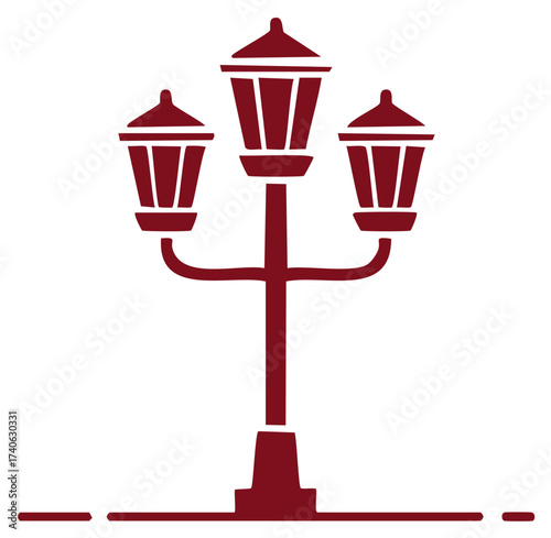 Classic triple lamp post silhouette in dark red, graphic design element