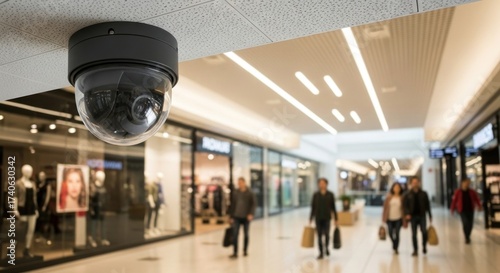 Security dome camera affixed to a ceiling with blurred shopping mall shoppers and storefronts