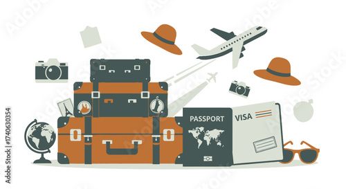 luggage travel with location around the world. travel and tourism concept. airplane fly on map with pin. passport, ticket tourism journey holiday. Road trip vacation. vector illustration flat style.