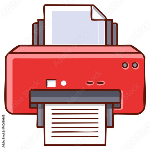 Stylized red printer outputs documents. Paper tray holding blank sheets. Cartoon machine, office work.