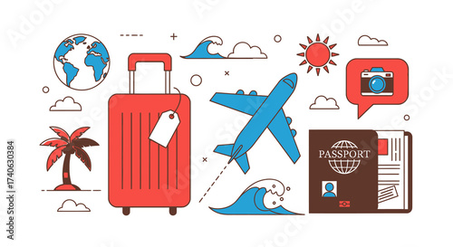 luggage travel with location around the world. travel and tourism concept. airplane fly on map with pin. passport, ticket tourism journey holiday. Road trip vacation. vector illustration flat style.