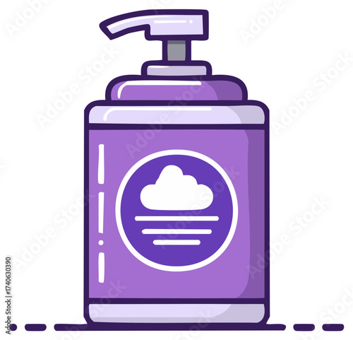 Cartoon illustration of a purple soap dispenser bottle with a foam icon