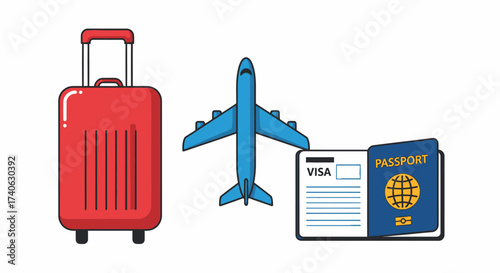 luggage travel with location around the world. travel and tourism concept. airplane fly on map with pin. passport, ticket tourism journey holiday. Road trip vacation. vector illustration flat style.