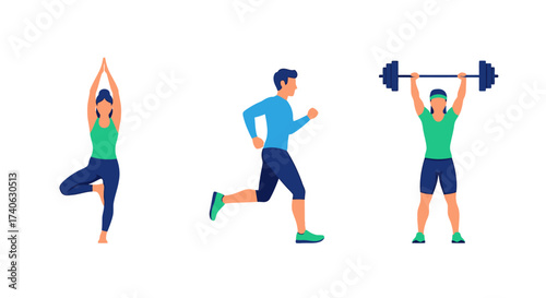 People doing sport. Workout characters, active male female sport exercise. Flat friends training, gym yoga jogging decent vector set