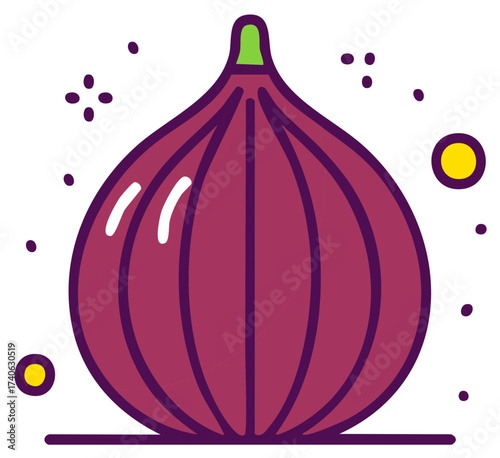 Whimsical Icon of a Stylized Purple Fig with Sparkling Accents and Bold Outlines