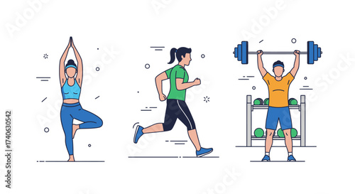 People doing sport. Workout characters, active male female sport exercise. Flat friends training, gym yoga jogging decent vector set