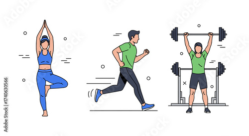 People doing sport. Workout characters, active male female sport exercise. Flat friends training, gym yoga jogging decent vector set