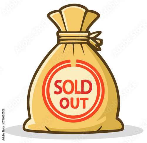 Bag of Money Labeled Sold Out Illustrated in Cartoon Style