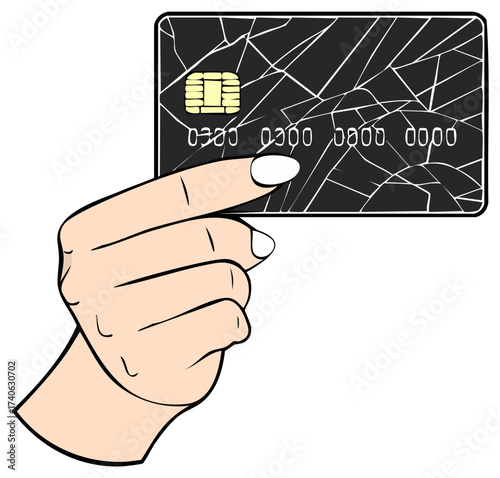 Hand holding a damaged cracked credit card with chip and numbers