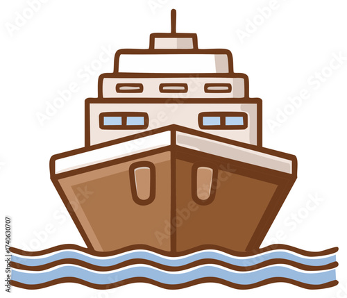 Cartoon Style Illustration of a Large Cruise Ship at Sea with Waves, Nautical Theme, Travel and Tourism