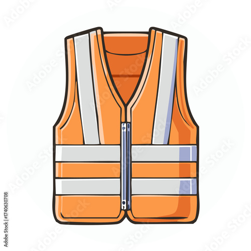 Orange safety vest illustration with reflective stripes provides workwear for construction safety projects