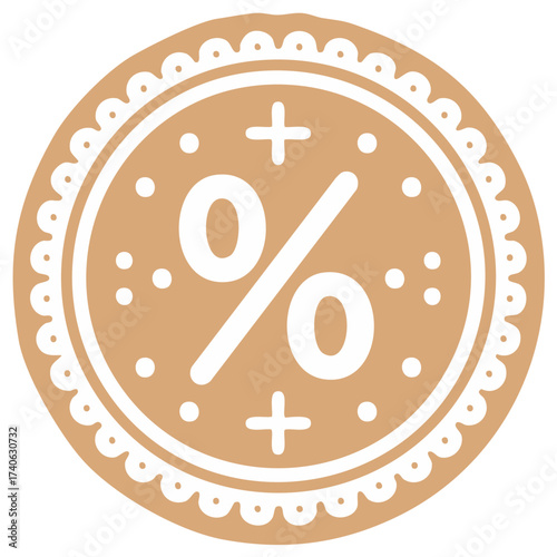 Discount Cookie Icon Design: Round Gingerbread Percent Sign with Cross and Dot Pattern
