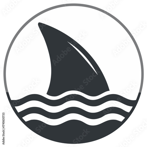 Minimalist dark shark fin icon rising from ocean waves in a simple round emblem design
