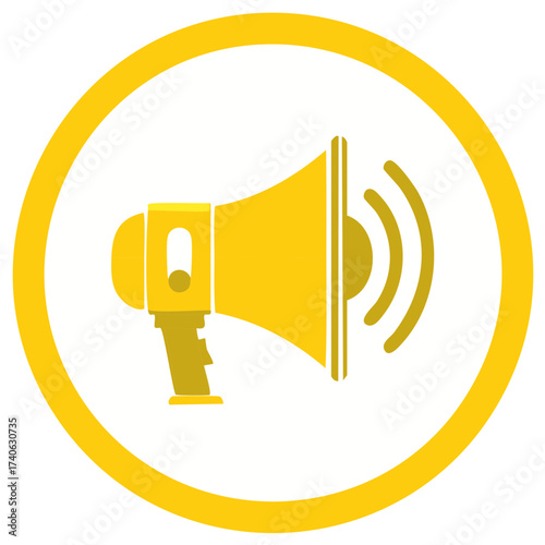 Yellow megaphone symbol with sound waves inside a circular frame
