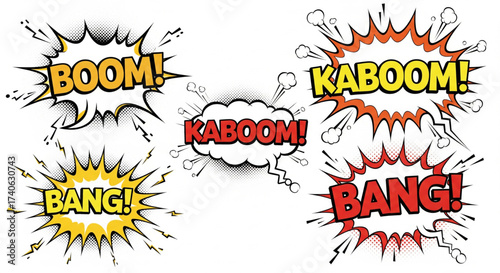 Comic book explosions with dynamic text, representing loud sounds and impactful events.
