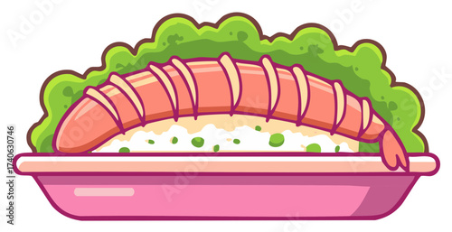 Cute Shrimp Sushi Roll with Rice and Lettuce on a Plate Cartoon Illustration