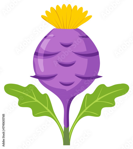 Vibrant Purple Kohlrabi with Yellow Bloom and Green Leaves Illustrated Vegetable Icon