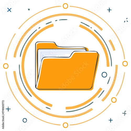 Orange folder with papers in a circle of geometric shapes data storage