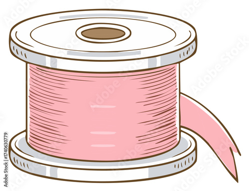 Cartoon Style Bobbin with Pink Thread and Ribbon Isolated on White, Sewing Supplies, Art Illustration