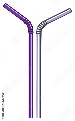 Pair of colorful purple and light purple flexible drinking straws illustration for refreshments