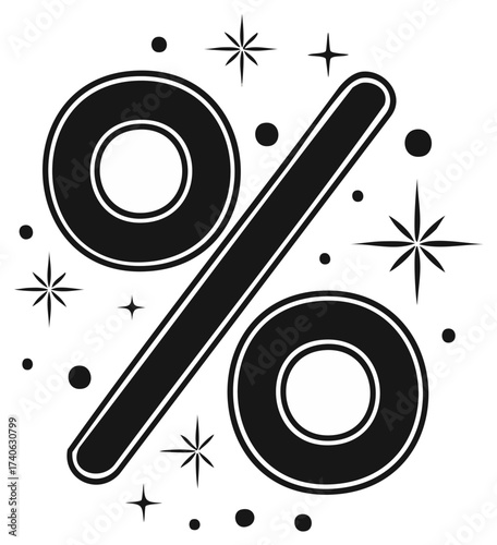 Black and white percentage discount symbol with stars and dots geometric promo design