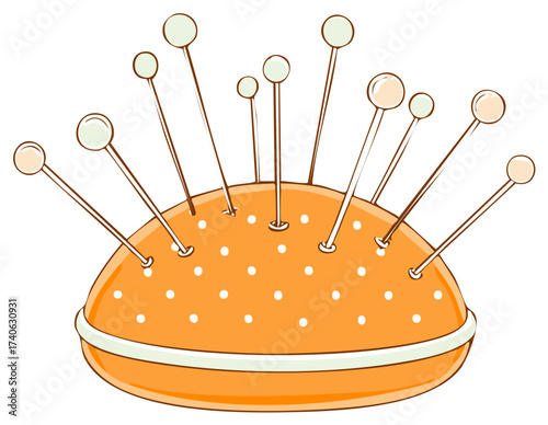 Whimsical orange polka dot pincushion full of colorful sewing pins cartoon illustration for textile crafts