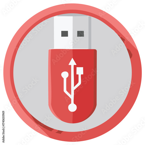 Red USB flash drive vector design icon, circle frame, universal serial bus symbol and data storage illustration