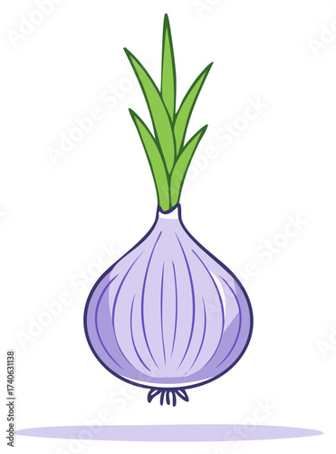 Stylized Purple Onion with Green Stalk, Isolated Flat Vector Illustration