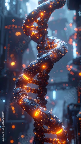 A detailed, abstract illustration of a glowing DNA helix