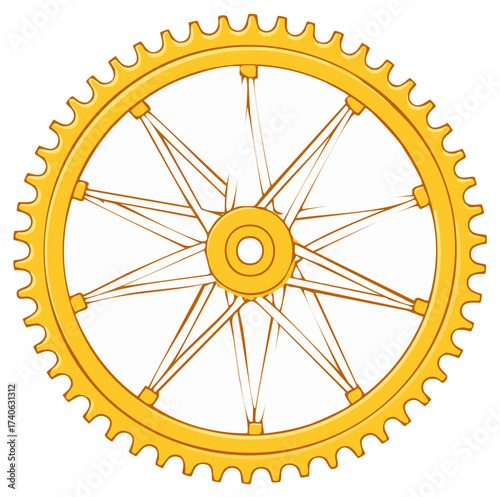 Stylized golden bicycle wheel with spokes and gear teeth isolated on white