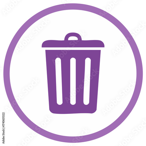 Purple trash can icon in a circular frame for digital deletion waste management
