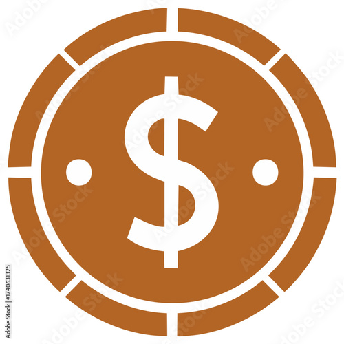 Stylish Golden Coin with Dollar Sign and Two White Dots on a White Backdrop