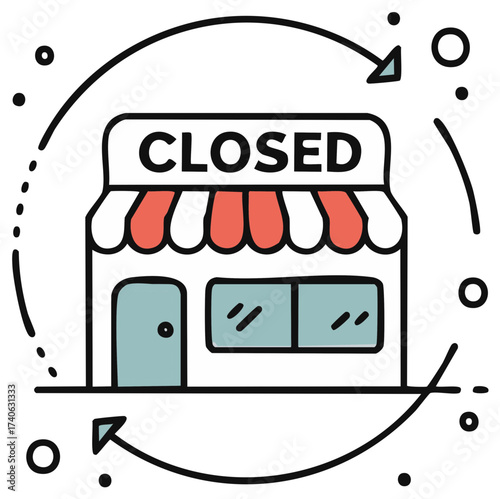 Simple graphic of a closed store with a circular arrow, representing business closure and operations.