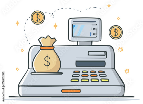 Cute Cash Register with Money Bag and Coins Hand Drawn Illustration