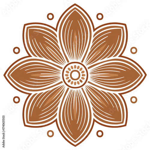 Elegant Brown Floral Mandala with Concentric Circles and Decorative Dots for Henna Tattoos