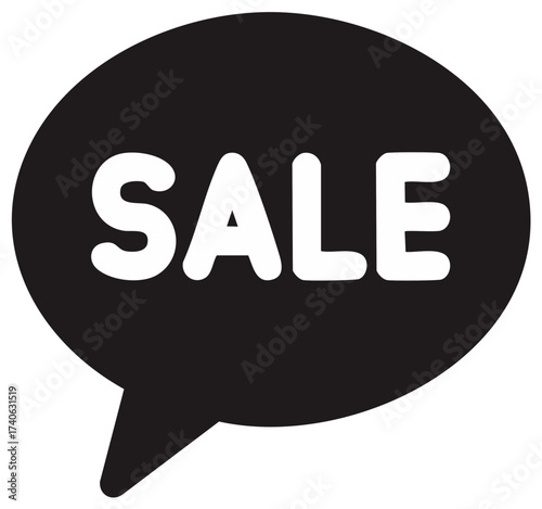 Black speech bubble with white text announcing a sale promotion for retail and special offers.