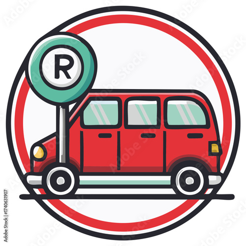 Red van with R letter sign in round frame, representing reserved parking, rental, or special transport service.