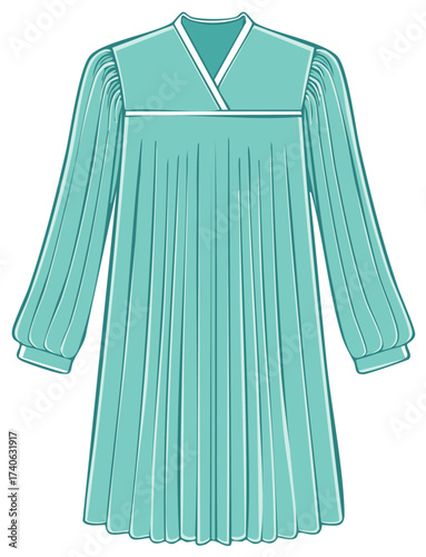 Turquoise Tunic Style Dress Fashion Illustration with Long Balloon Sleeves and Pleated Skirt
