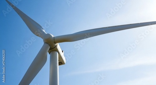 Low-angle photo of modern wind turbine against blue sky