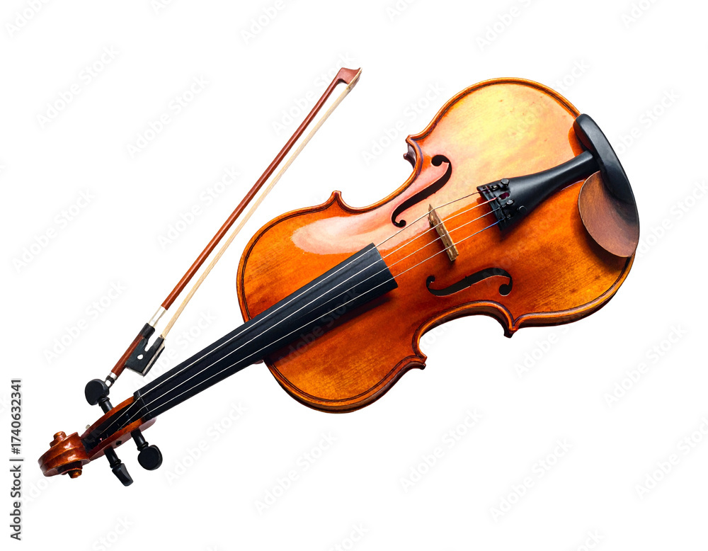 Fototapeta premium Wooden stringed instrument with a bow, resting on black. Shadowed, close-up view