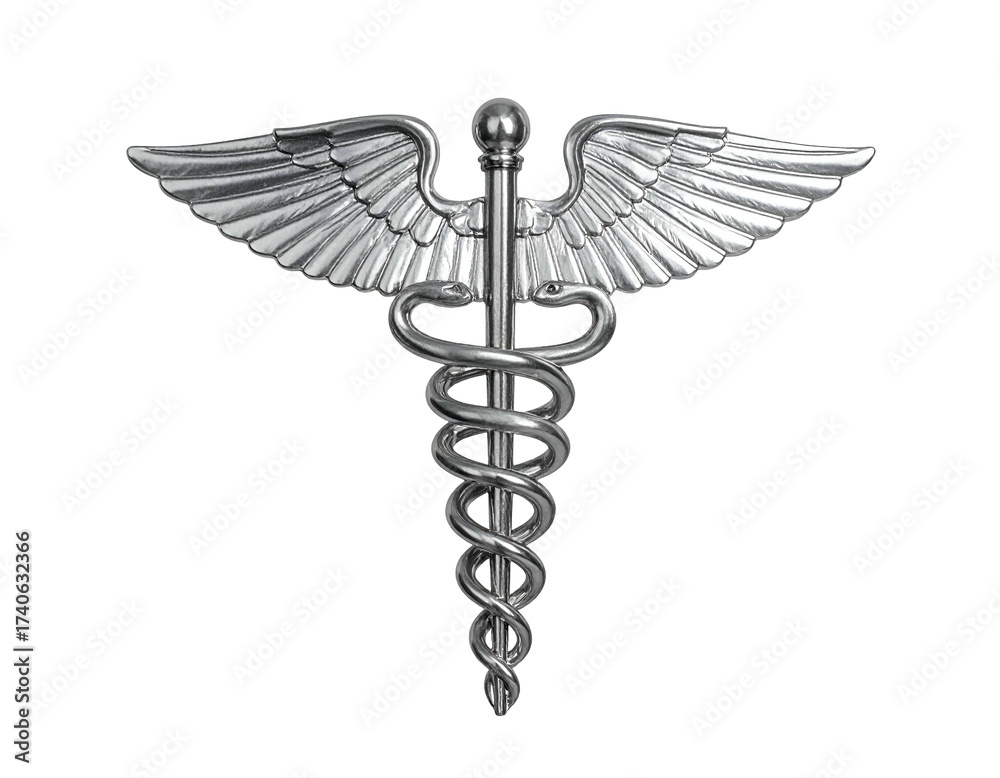 Fototapeta premium Silver-toned emblem winged staff entwined by serpents, representing medicine