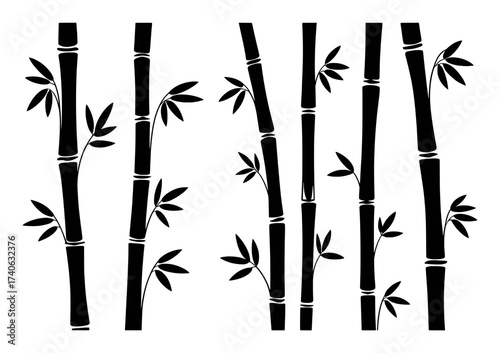 Black Silhouette Bamboo Stalks with Leaves on White Background