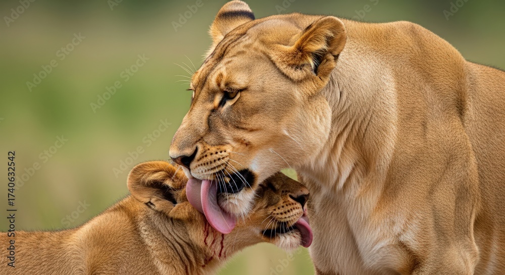 Obraz premium A lioness gently licks a cub's face in a tender