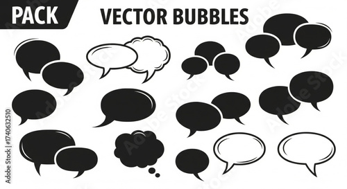 Collection of diverse black and white speech bubbles, representing communication and thoughts.
